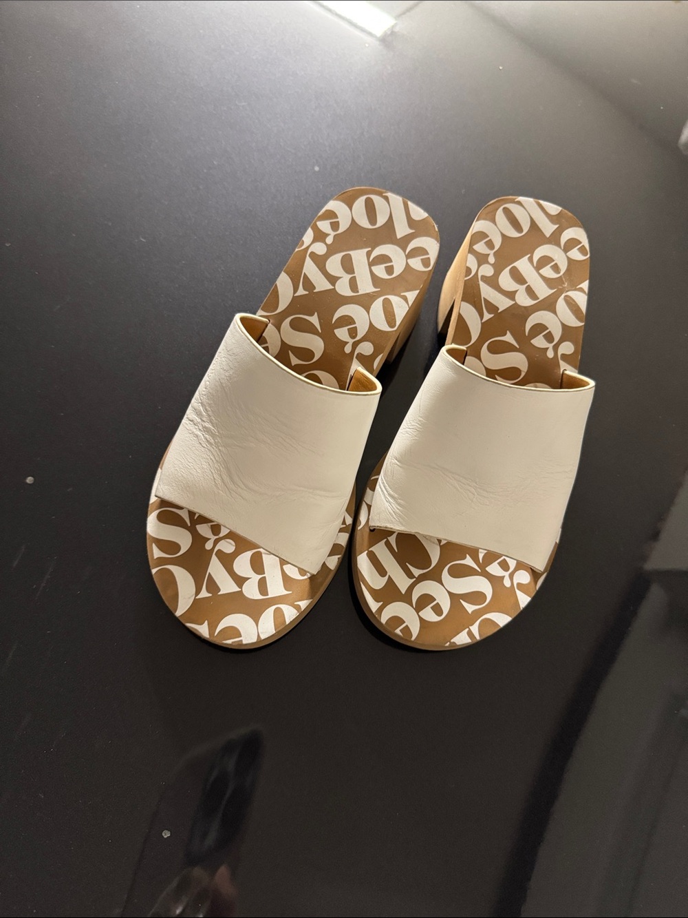 See By Chloe White Leather Slide Mules with Branded Footbed